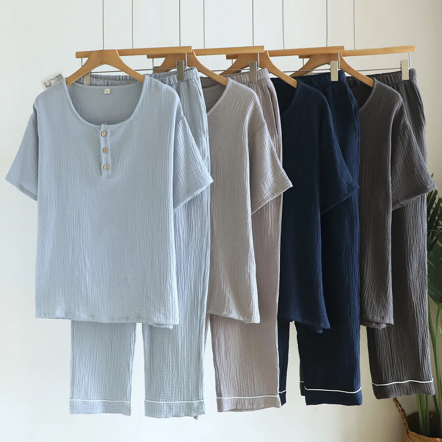 Cotton Mens Pajamas Set Summer Up Button Round Neck Short Sleeved Long Pants Casual Home Clothes for 260615