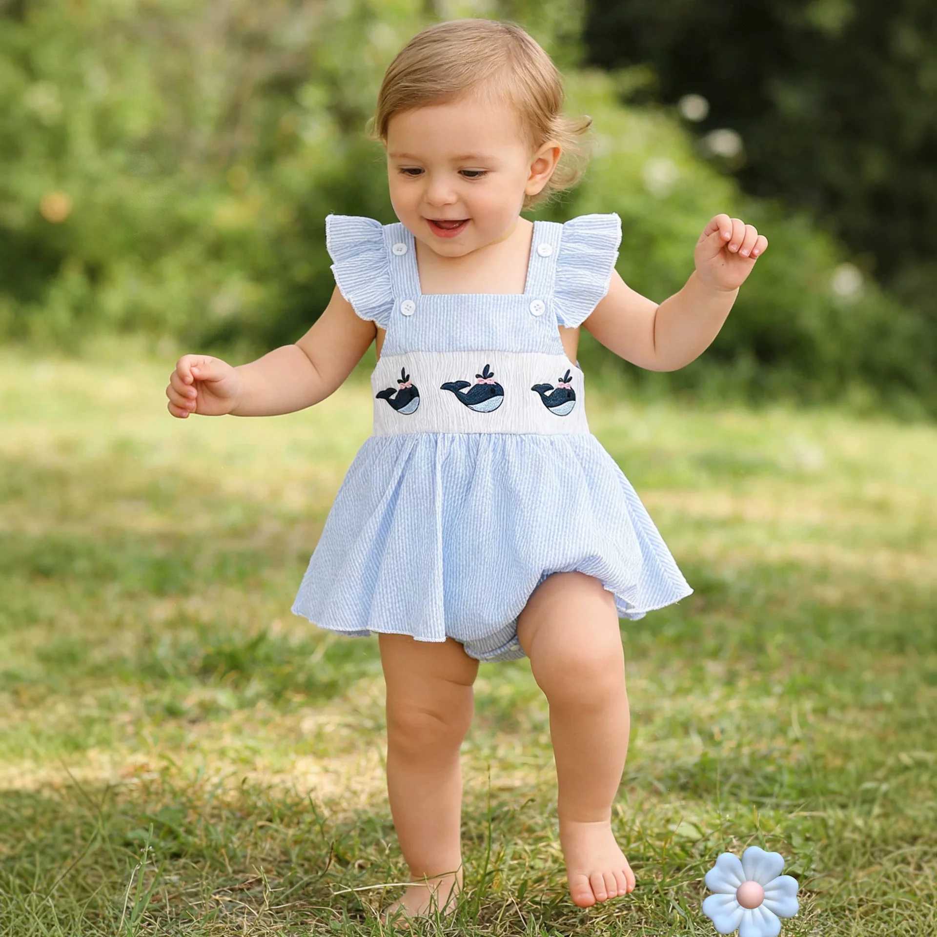 Summer baby girl flying sleeve onesie blue and white striped whale embroidered cute baby climbing suit going out skirt Romper Y2606253RGK