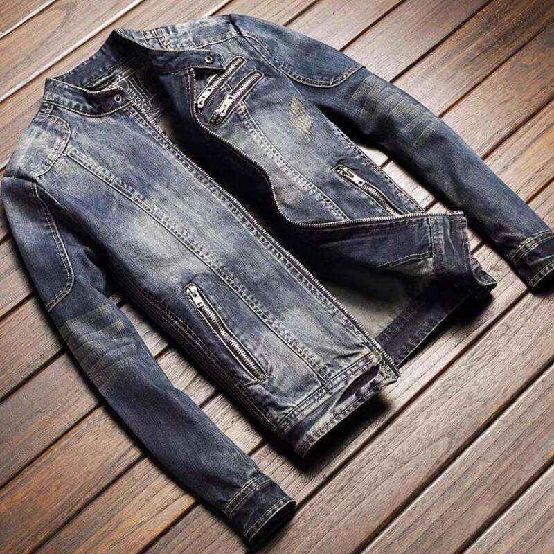 Men's Retro Denim Casual Oversized Stand Up Collar Zippered Jacket Cycling Motorcycle Coat Trend Loose Fit Top W260626