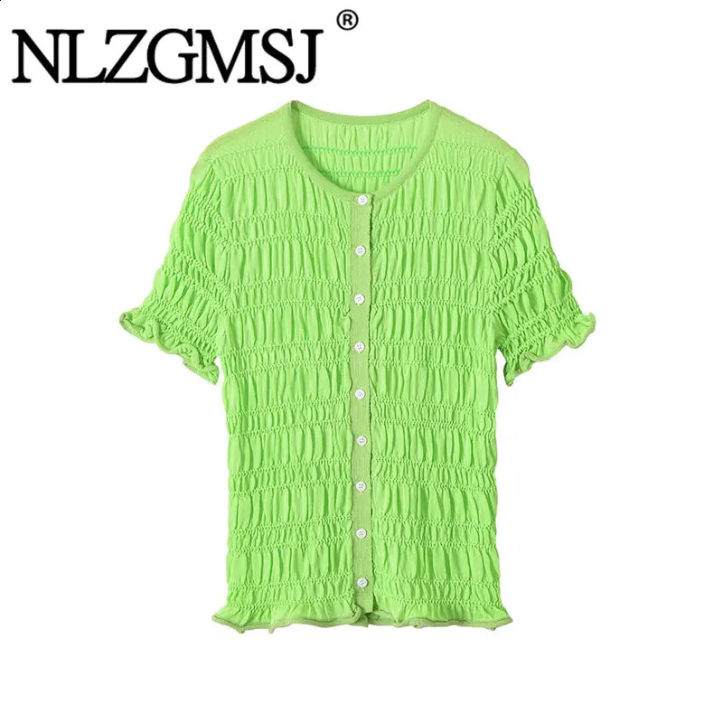 Nlzgmsj 2026 Women Summer Short Sleeve Knit Cardigan Green Ruched Crop Top Round Neck Slim Casual Y2K Tee 260624