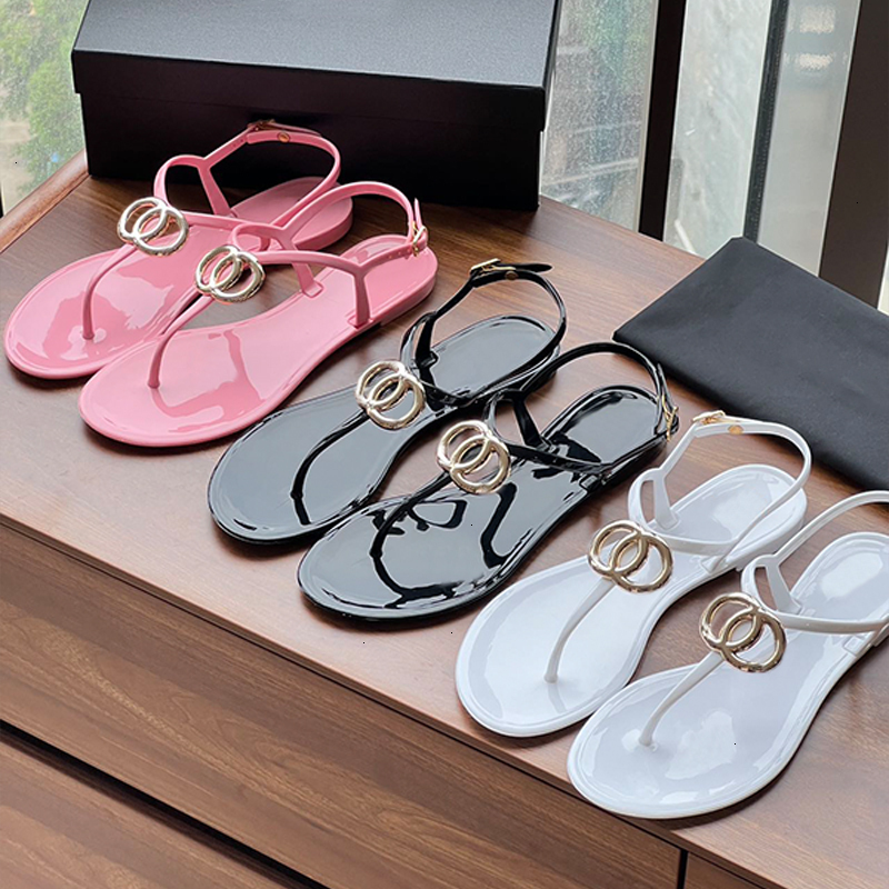 Solid Beach Summer Designer Sandals Women Gold Buckle PVC Jelly Thong Flip Flops Casual Summer Beach Flat Slippers Slip-On Size 36-41 With Box 1105