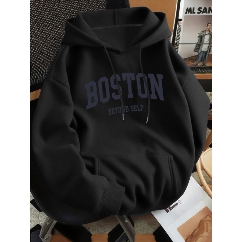 Mens Bostoninspired letter print premium retro hooded sweatshirt regular fit collar solid color graphic y260611 e7