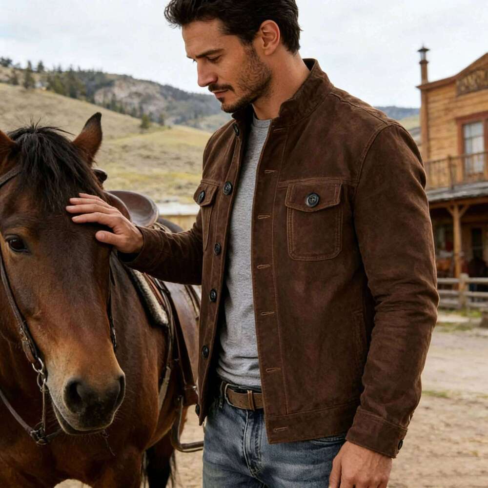 Men's Vintage Faux Suede Jacket Stand Collar Button-Up Workwear Coat with Chest Pockets for Casual and Streetwear Style W260626