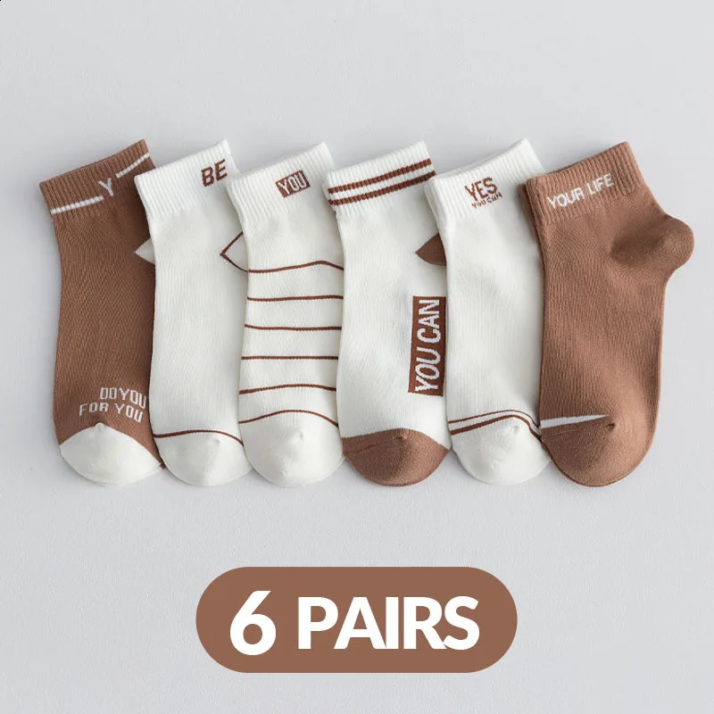 6 Pairs of Mens Spring and Autumn Striped Letter Slogans Fashionable Casual College Style Comfortable Breathable Summer Socks 260622