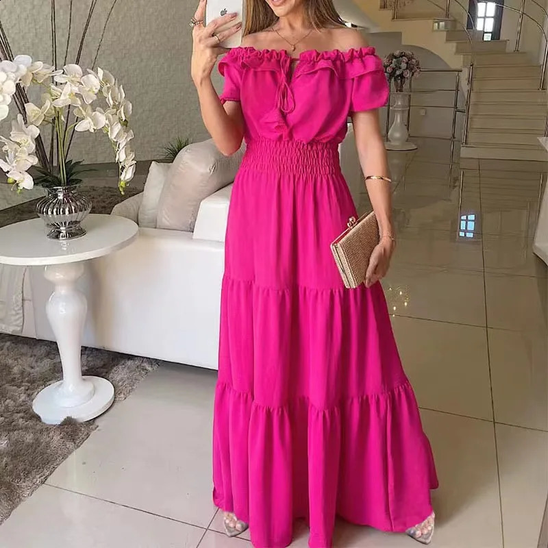 2026 Elegant Womens Off Shoulder Ruffle Sleeve Dress Fashion Solid Color Elastic Waist Tiered Maxi Dresses 260625