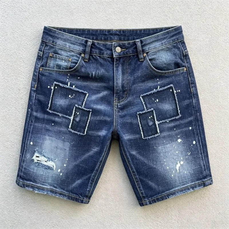 Spandex Jorts Summer Mens Y2K Hip Hop Splicing Denim Shorts Retro Straight Ripped Patch Motorcycle Knee-length Jeans Streetwear 260625