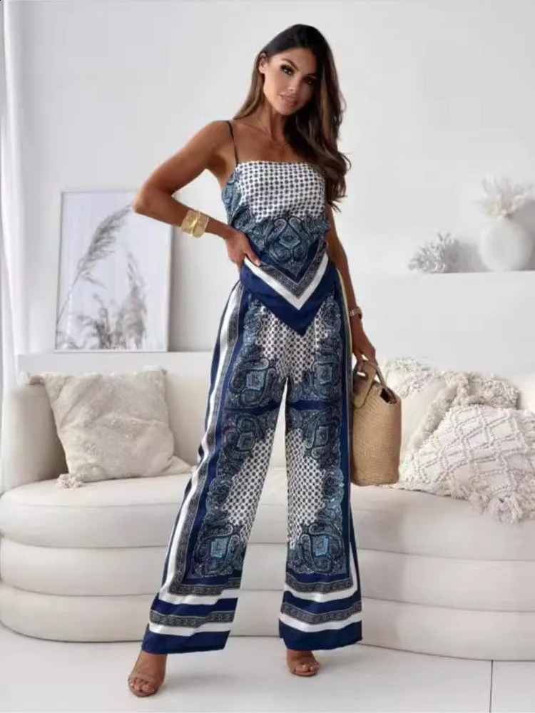 Summer Womens Fashion Printed Sleeveless Strap Wrap Chest Sexy Strap Open BackPositioning Flower Pants Set Two Piece Set 260625