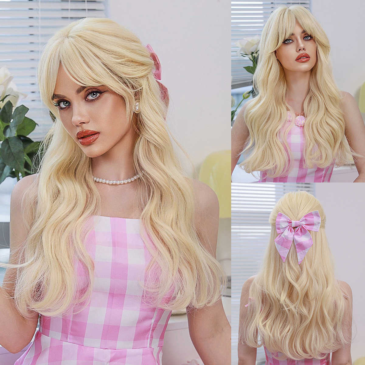 Hot selling golden Barbie cosplay wig with long curly hair and eight character bangs high-quality synthetic cosplay wig C260626