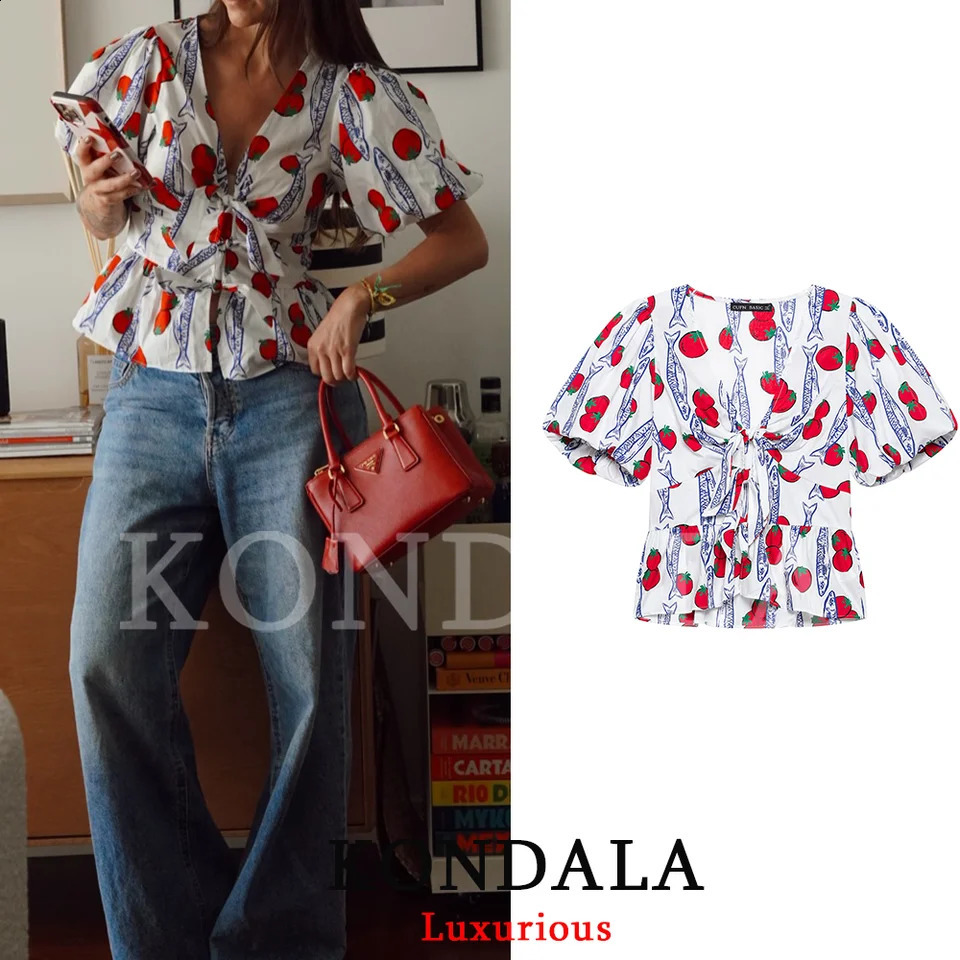 KONDALA Casual Chic Women Boho Blouse Print V-Neck Short Puff Sleeve Bow Lace-up Folds Shirts Fashion Summer Holiday Blouse 260625