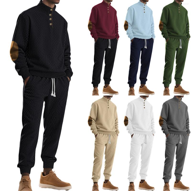 Men's Tracksuits Winter High Neck Jacquard Casual Embroidered Sweatshirt And Sweatpants Sports Solid Color Long Sleeved Pants Set