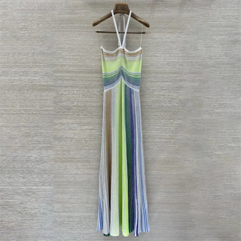 womens casual dresses elastic knitted slim fit long dress for summer 2026 Colorful striped vacation sleeveless 260625