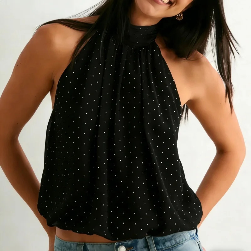 Women Sexy Halter Mock Neck Backless Puffy Tank Top Cute Open Back Sleeveless Ruched Bubble Vest Summer Going Out 260617