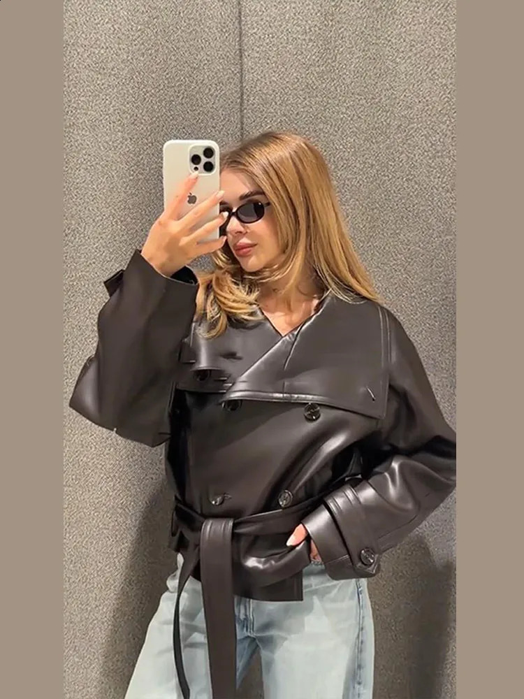 Street Belt Leather Womens Jacket Full Sleeve Double Breasted Lapel Female Coat Autumn Fashion Pu Loose Lady Outwear 260625