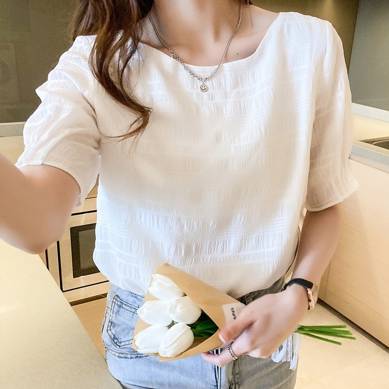Summer new Korean style niche aesthetic beautiful minimalist short sleeve top sweet fashionable slimming short sleeve T-shirt women's clothing