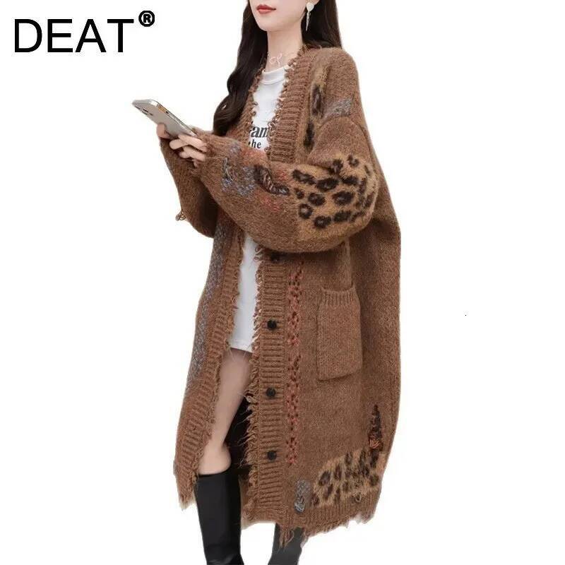 DEAT Women's Cardigan Loose Long Style Burrs Edge Pockets Single Breasted Knitted Sweaters 2026 New Autumn Fashion Mdng260626