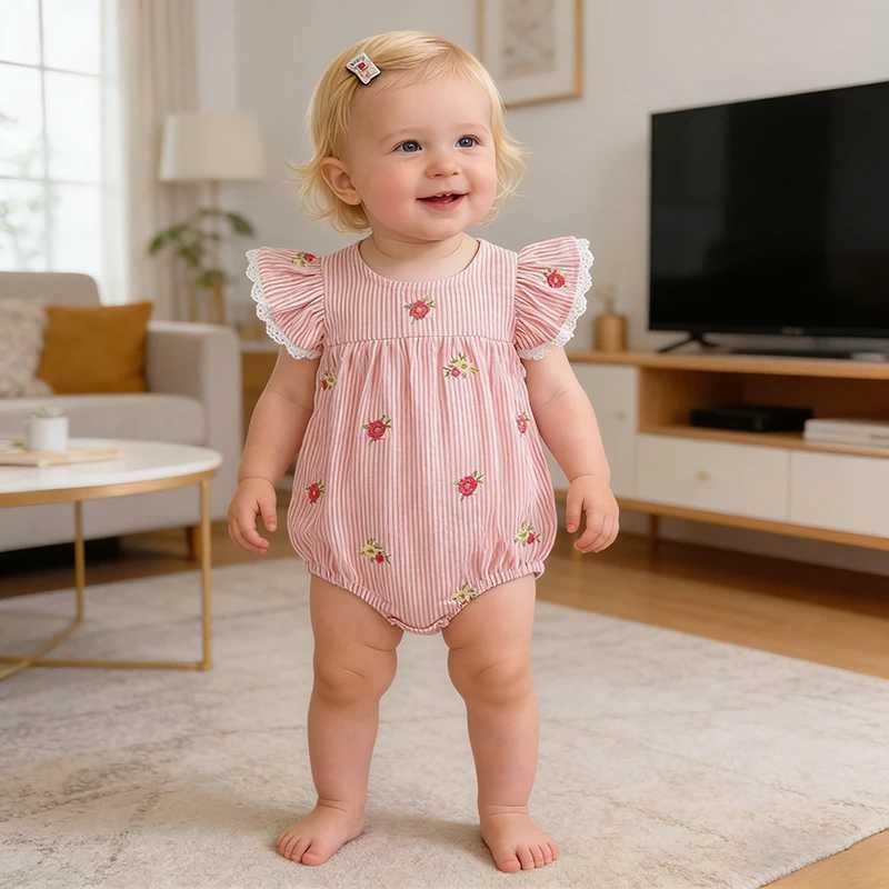 2026 New Summer 0-24M Toddler Baby Girls Flying Sleeve Cotton Striped Jumpsuit Floral Patterns Western Baby Girl One-piece Y260625L96B