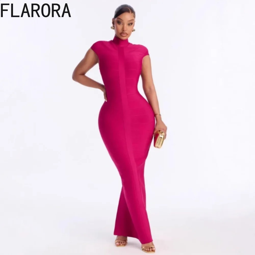 FLARORA Elegant Bandage Patchwork Long Dresses Woman Fashion Stand Collar Sleeveless Peach Hip Sexy Evening Party Club Bodycon 260624