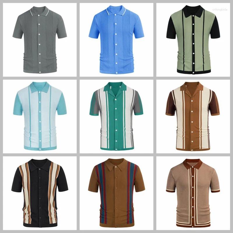 Men's Polos Summer T-Shirt 2026 Short Sleeve Lapel Stripe Print Button Polo Shirt Fashion Pullover Tops