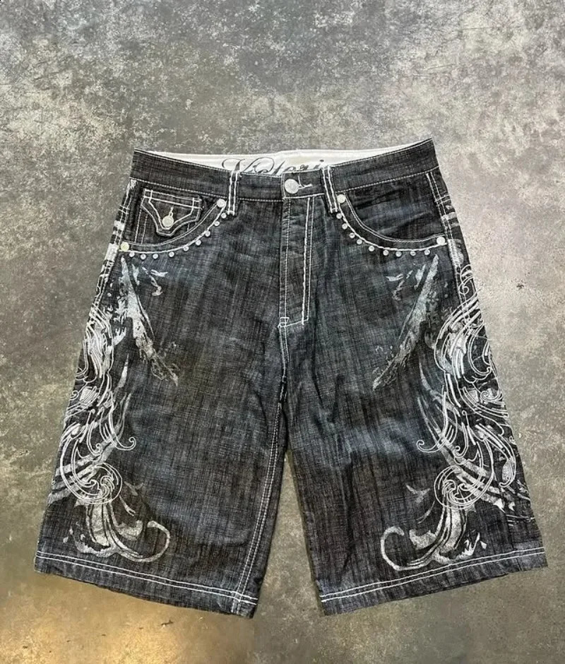 American vintage Gothic Men Denim Shorts Pattern Embroidery Loose Unisex Y2K Printing Korean Casual Fashion Couple 260625