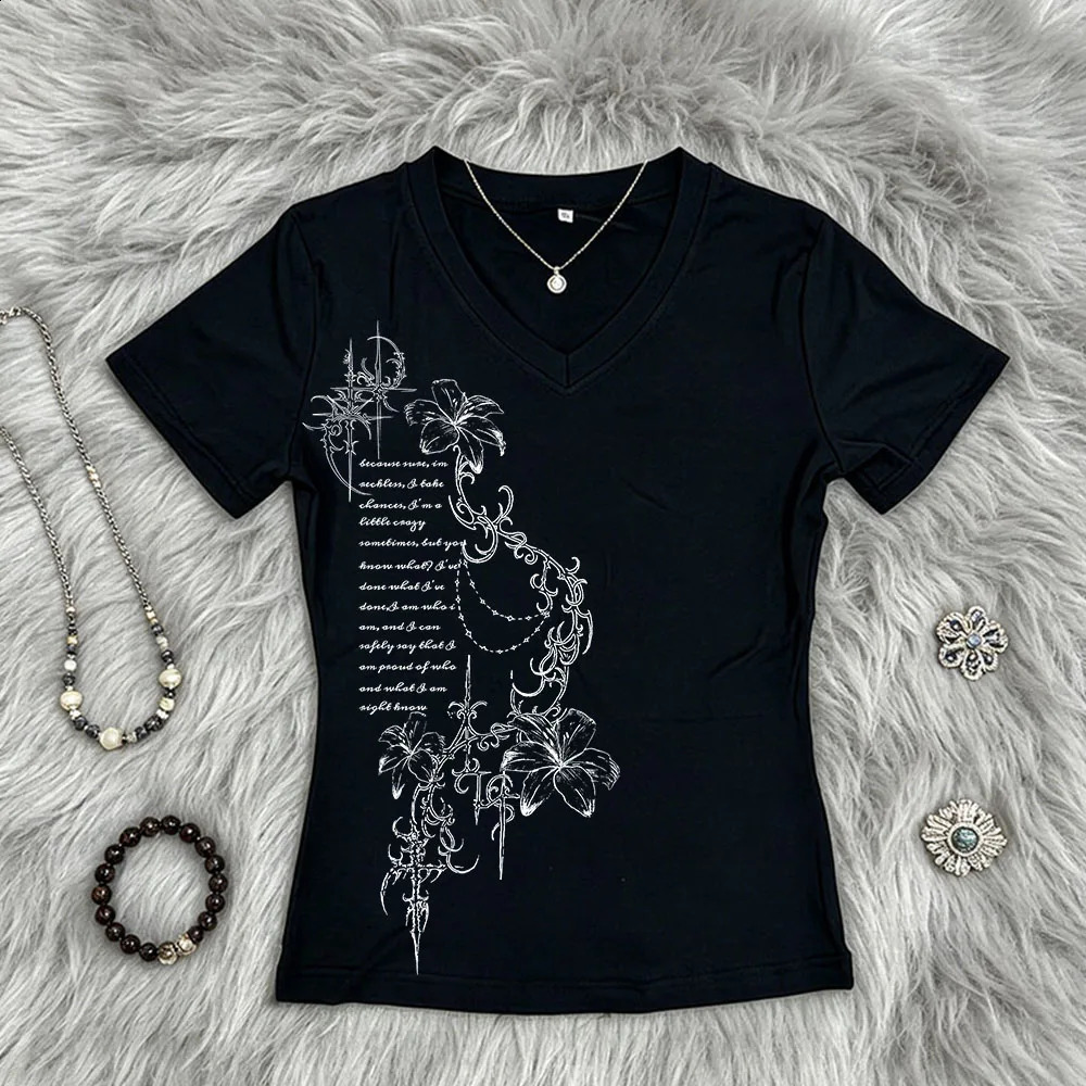 Retro short sleeved Harajuku 90s rock T-shirt Y2k womens clothing Gothic slim fit V-neck set with letterhead print punk 260625