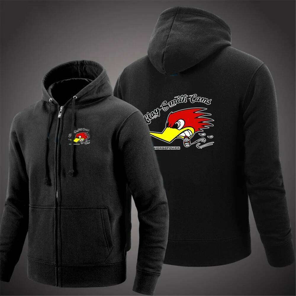 2024 Spring Autumn Men's Mr. Horsepower Clay Smith Cams Logo Print Solid Color Zip Long-Sleeved Streetwear Casual Hooded Hoodies W260626