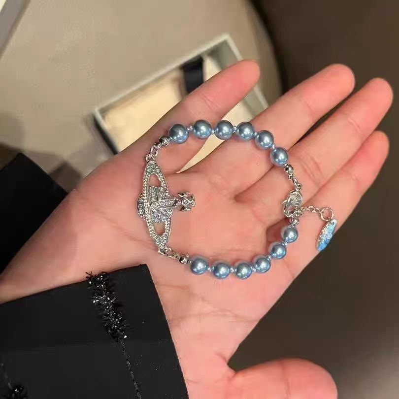 Saturn Jewelry Designer Vivienneewestwood Vivi Ennewestwood Luxury Bracelet For Woman Men Luxe Bangle Diamond-embellished Blue-gray Pearl Bracelet F
