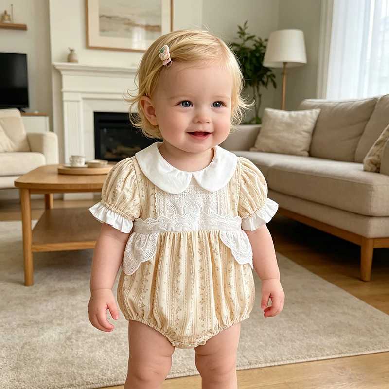 2026 Summer New 0-24M Baby Girl Romper Lace Trimmed Flower Print Bubble Short Sleeve Rompers Infant Cotton Princess Clothing Y260625K98B