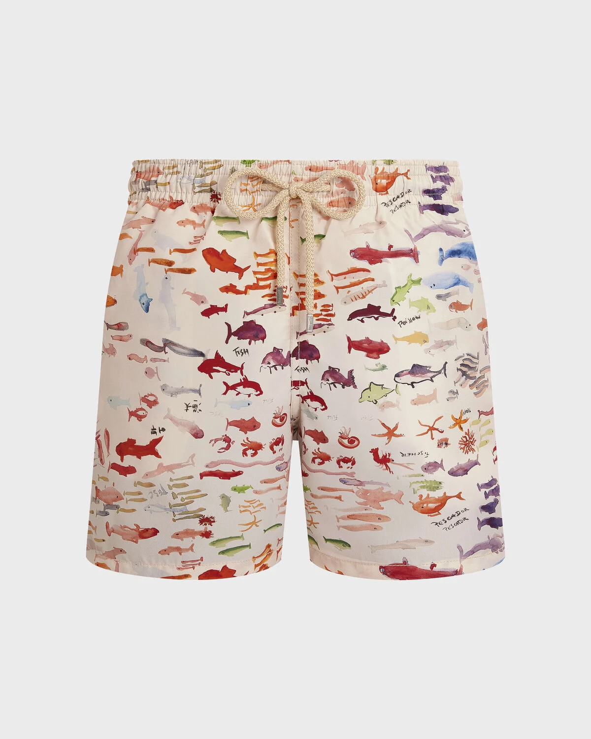 Men's Multi-Color Fish Print Swim Trunks Quick Dry Beach Shorts Cream Drawstring Elastic Waist Boardshorts Summer Swimming Trunks for Vacation