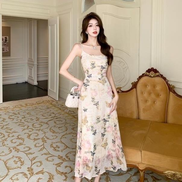 Q0459 coffee break French temperament waist a word floral dress children's summer long dress summer new suspender skirt