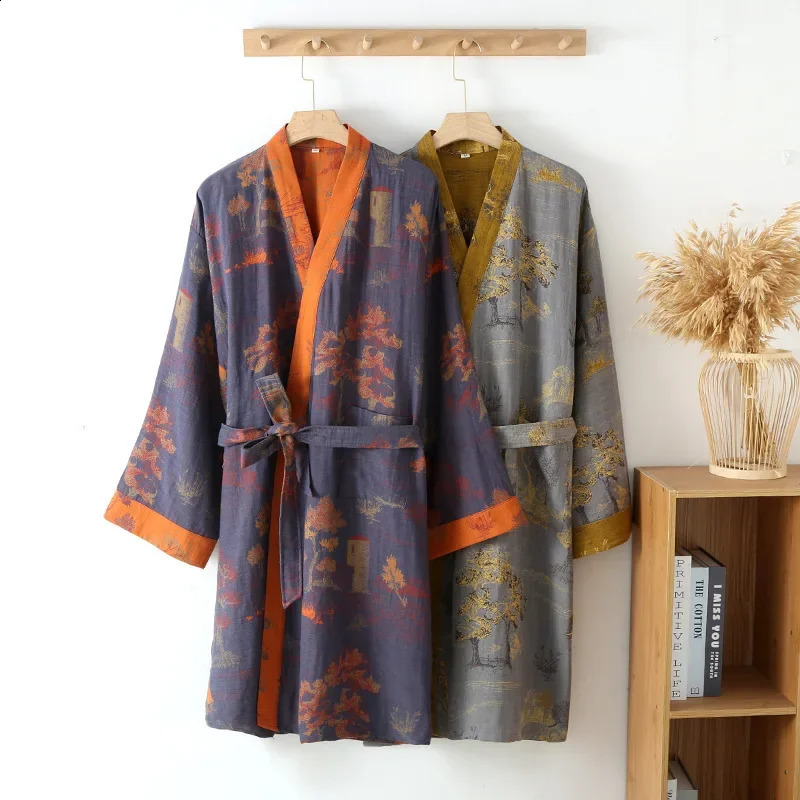 Cotton Kimono Robes with Belt for Mens Spring Jacquard Thin Printed Medium Length Breathable Summer Pajamas Mens Bathrobe260622