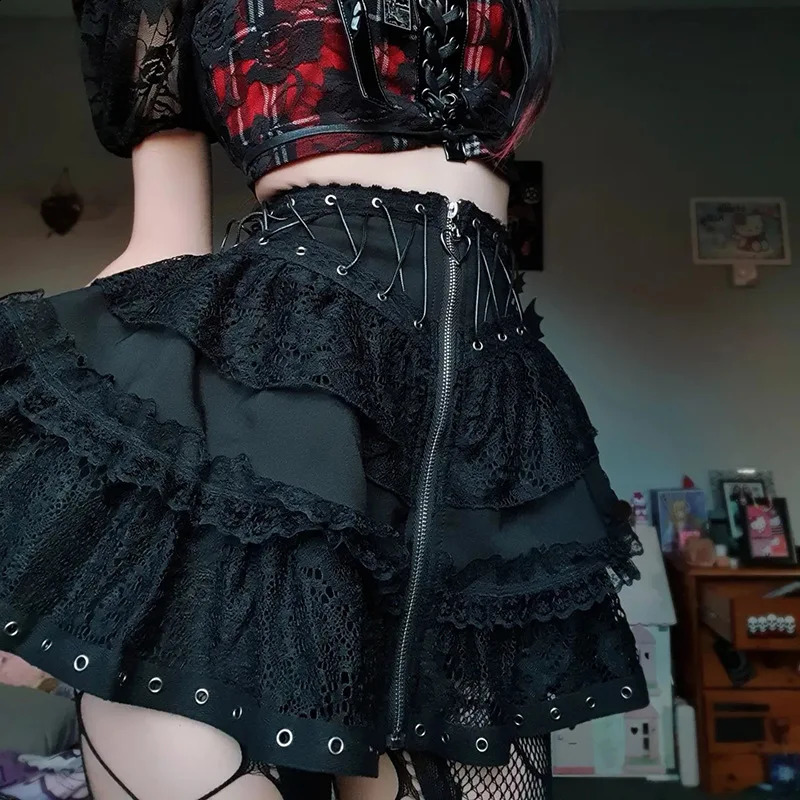 Gothic Skater Punk Vintage High Wasit Skirt Womens Zipper Front Japanese Style Kawaii Black Harajuku Cosplay Mini Skirts 260626