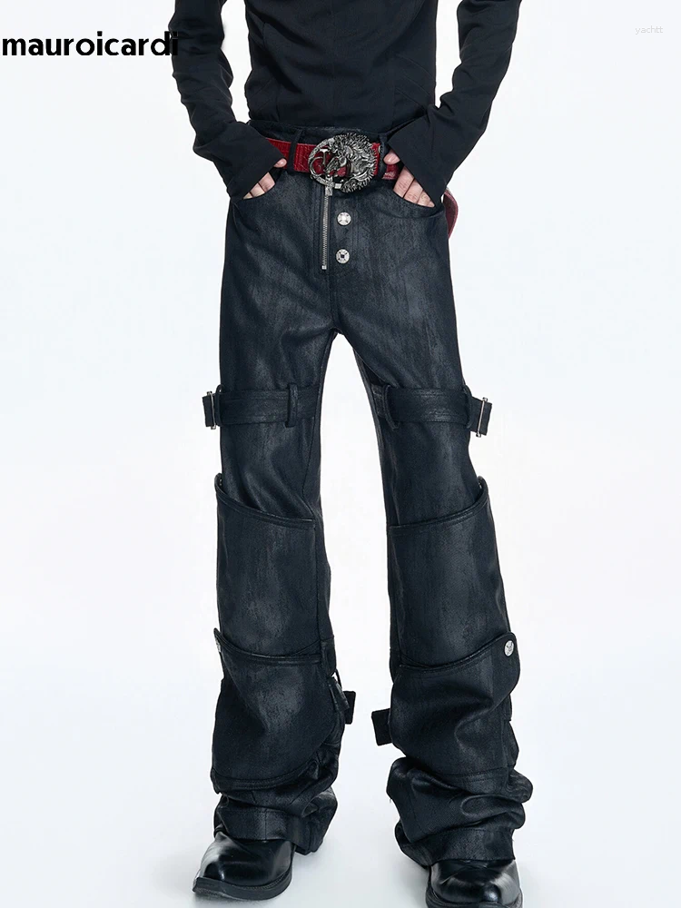 Men's Pants Mauroicardi Spring Long Black Distressed Waxed Cotton Denim Man Metal Buckle Strap Streetwear Jeans Fashion Clothing