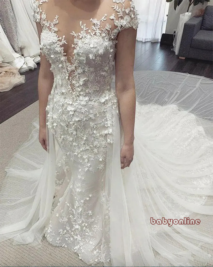 Mermaid Wedding Dresses Detachable Plus Size Country Garden Bridal Gown With Flower Long Train Lace Robes De Mariee Sirene