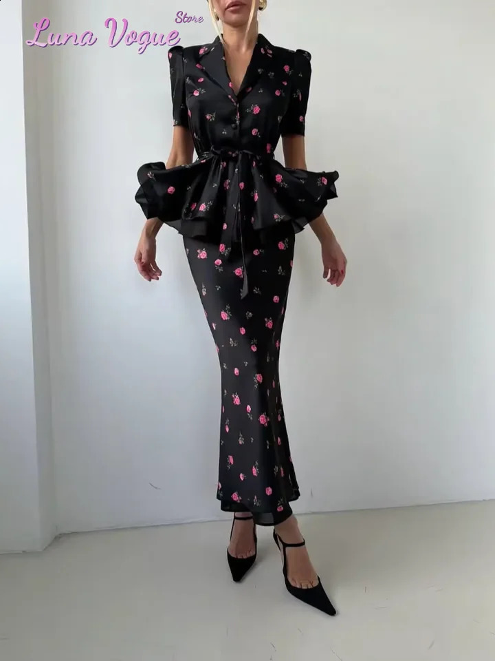 Black Floral Printed Ruffle Lace Up Shirts 2 Piece Set Women V Neck Short Sleeved Tops Wrap Hip Maxi Skirt Suits Ladies Outfits 260625
