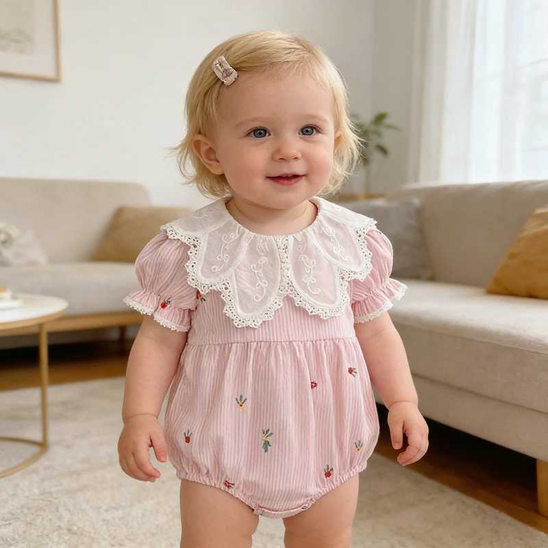 2026 New Summer 0-24M Infants Short Sleeved Romper Embroidered Baby Onesie Newborns Korean Style Striped Sweet Romper Y260625MMBB