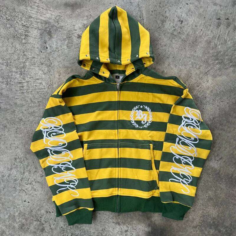 Y2K Street Kid Zip Up Hoodie Stripe Rivet Embroidery Pattern Sweatshirt New Men Hip Hop Fashion Streetwear Unisex Boxy Clothing W260626