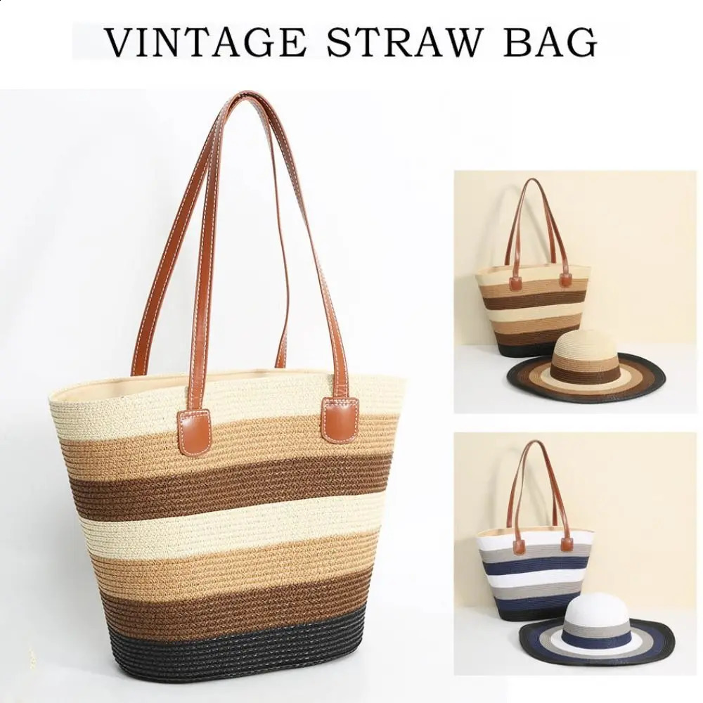 Fashion Straw Tote Bag Stripe Square Woven Hat Large Capacity Zipper Handbags Vacation Beach Accessories 260625