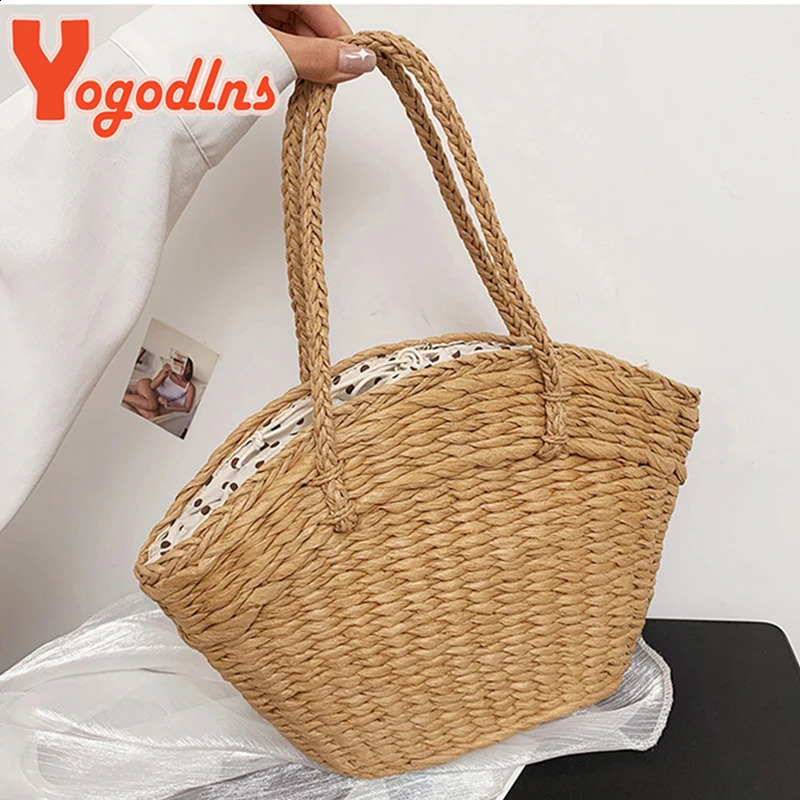Summer Straw Bag Women Woven Rattan Handbag Drawstring Handle Bag Large Capacity Hollow Tote Bag Shopping Basket Ba 260625