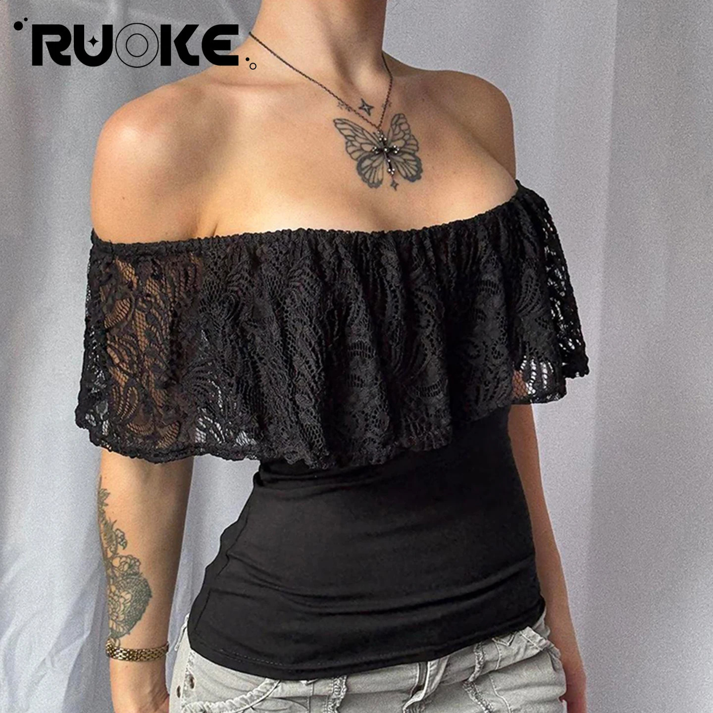 RUOKE Sexy Off Shoulder Lace Crop Top Women Ruffle Blouse Summer Slash Neck Tshirt Slim Fit Tube Going Out Party Date Y2K 260616