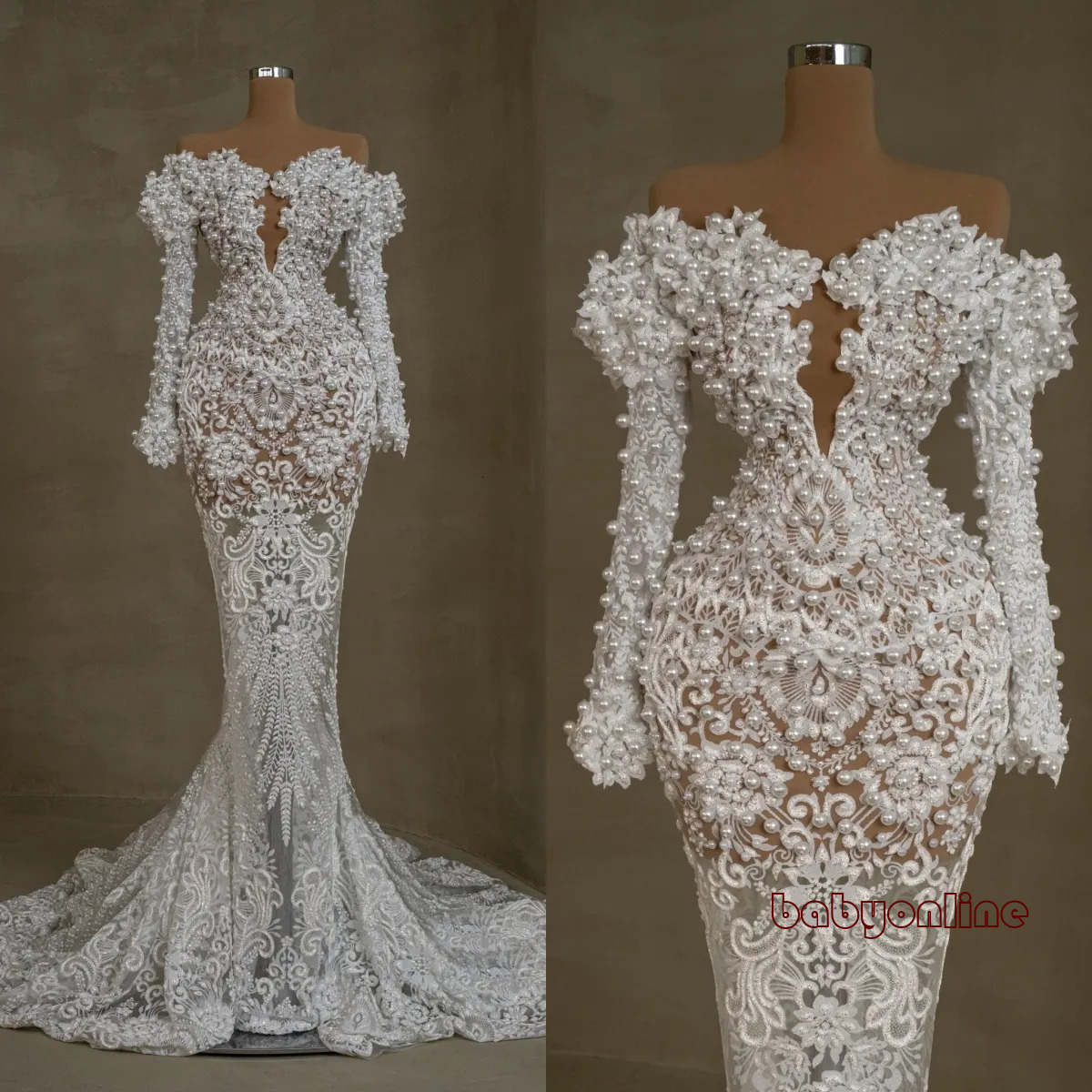 Elegant Appliques Wedding Dresses Mermaid Off Shoulder Pearls Long Sleeve Bridal Gowns Customized Vestido De Novia