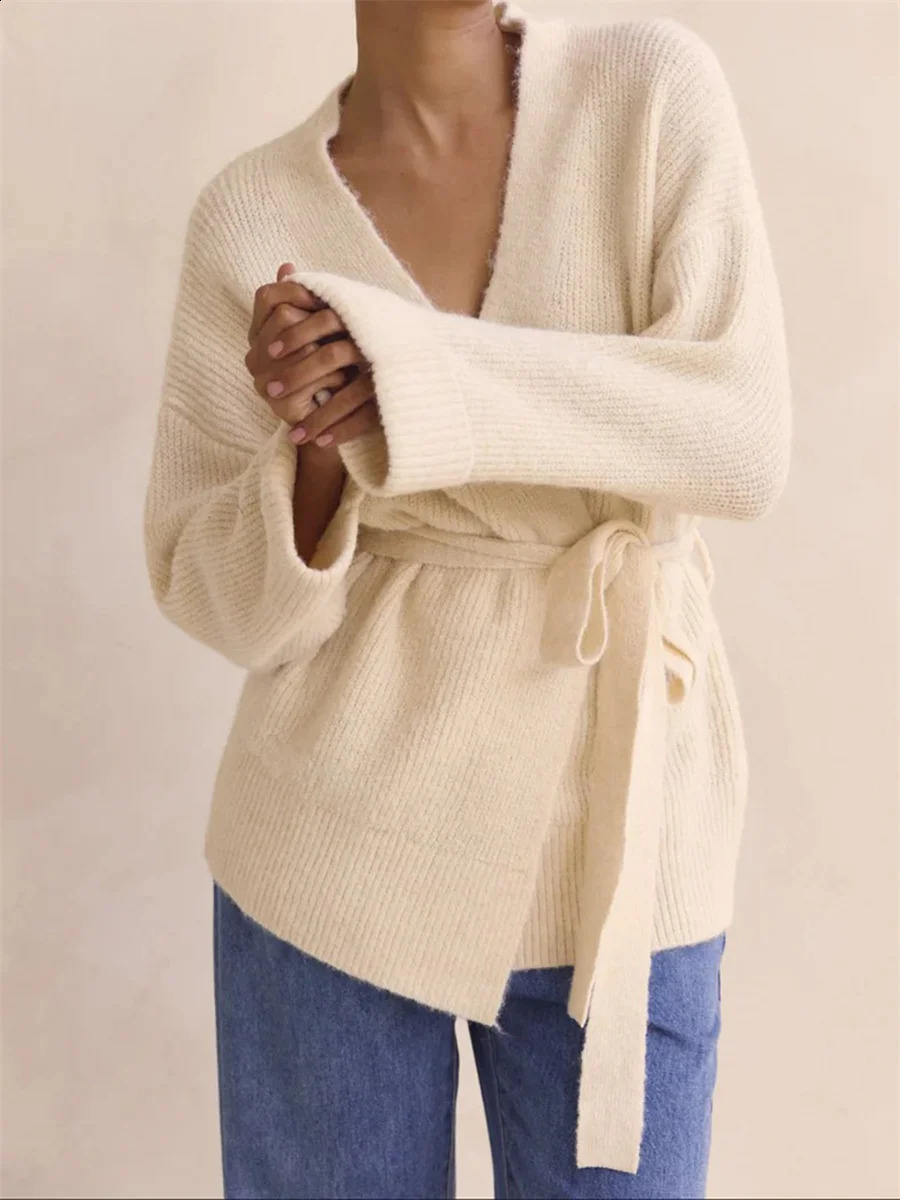 Womens Cardigans Wrap Sweater Long Sleeve V Neck Solid Color Knit Elegant Fall Belted Outwear 260624