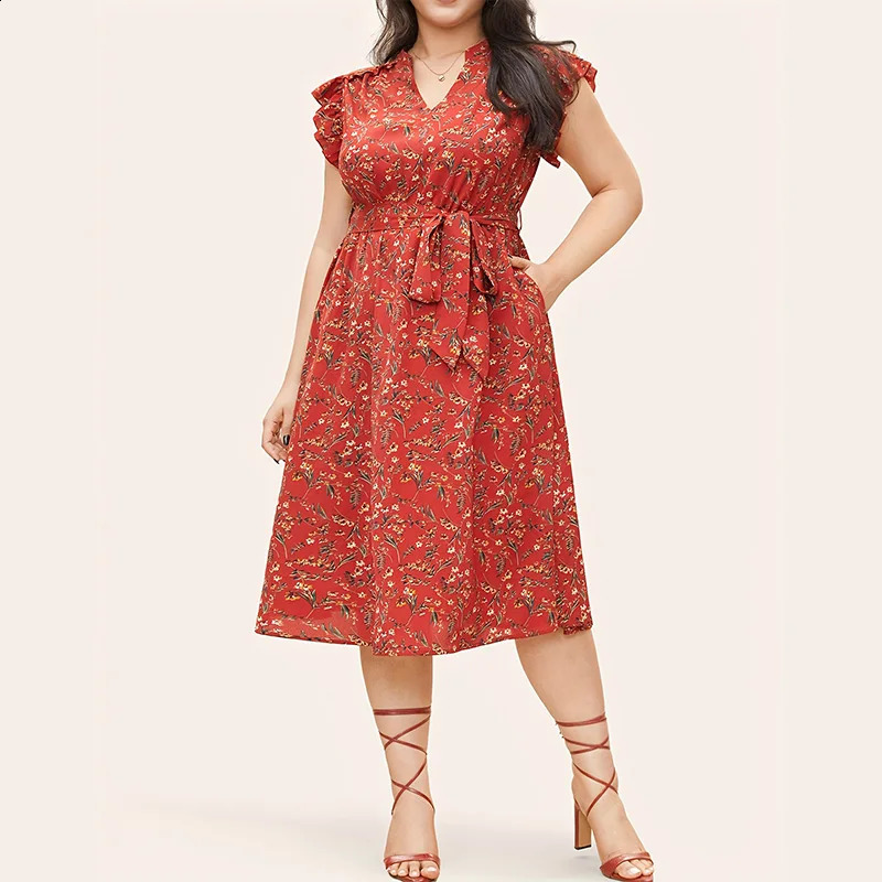 Elegant PlusSize Womens VNeck Sleeveless Floral Print Dress with Ruffle Pockets Belt Decoration Casual Summer 260613banjia