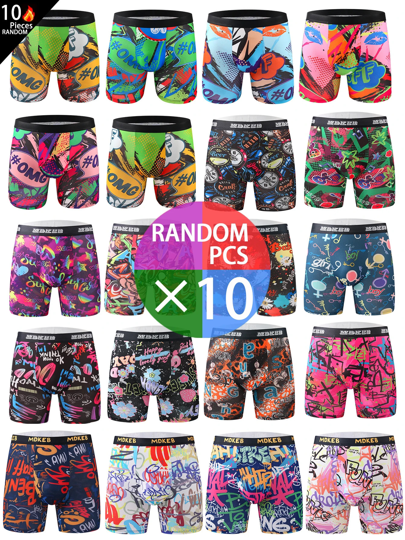 Tenpiece mixed mens graffiti pattern long boxer briefs breathable and comfortable highelasticity boxing 260624