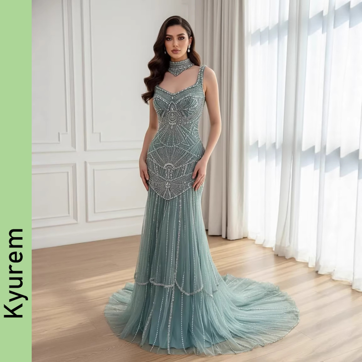 Luxury Turquoise Arabic Famous Designer Mermaid Beading Evening Dresses Gowns For Formal Occasion gowns custom made color/size Robe De Soiree