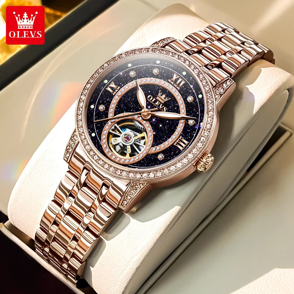 OLEVS Fashion Women Mechanical Watches Starry Sky Dial Diamond Automatic Wristwatch Ladies Waterproof Luminous Clock Women 260625