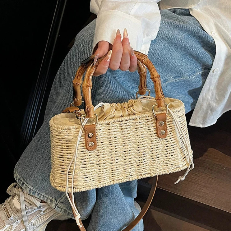 Handwoven Straw Single Shoulder Bag Womens Korean Style Beach Travel Bucket Handbag Crossbody Bag Soft Handle Polyester 260625