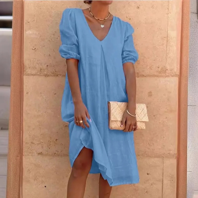 Womens V Neck Midi Dress Casual Loose Fit Puff Sleeve Cotton Linen Elegant Summer Daily Wear Y2k Clothes 260625