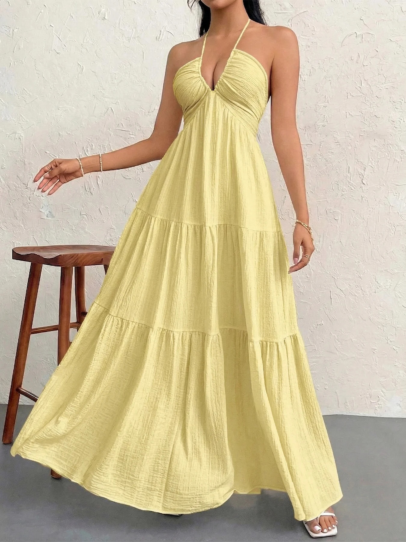 Womens Casual Dresses Halter Backless Yellow Tiered Flowy Boho Dress Spring Summer Beach Vacation Breathable 260625
