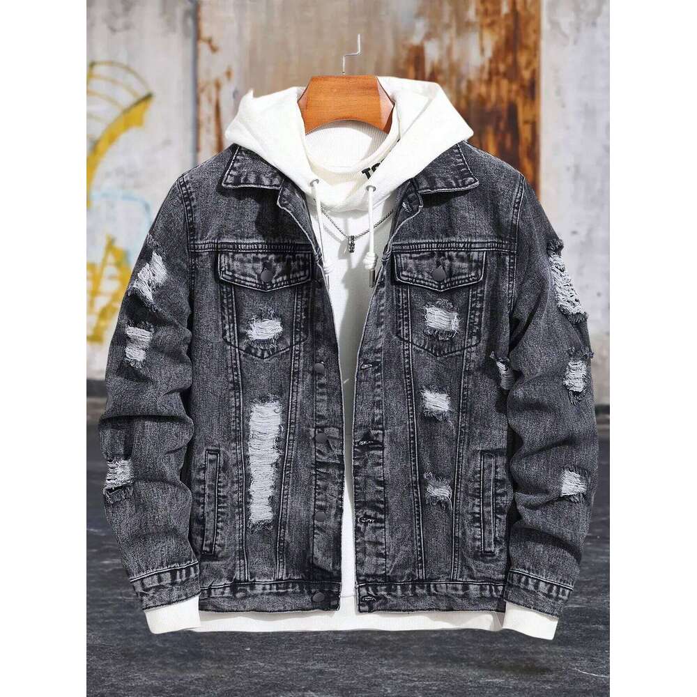 1PC Men's casual hot-selling black distressed stonewashed flight daily American street fashion denim jacket W260626