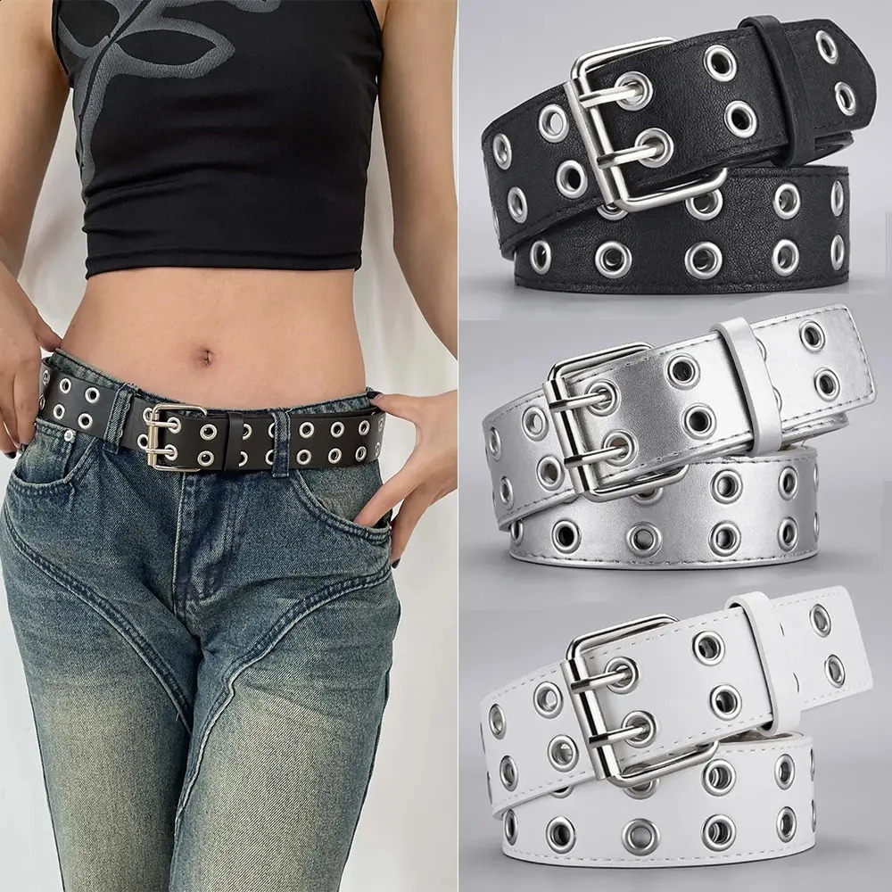 1pc Womens Belt Trend Simple Double Hole Men Belt Punk Hip Hop Rock Style Subculture Y2K Belt Punch Free Belt for Men and Women 260626